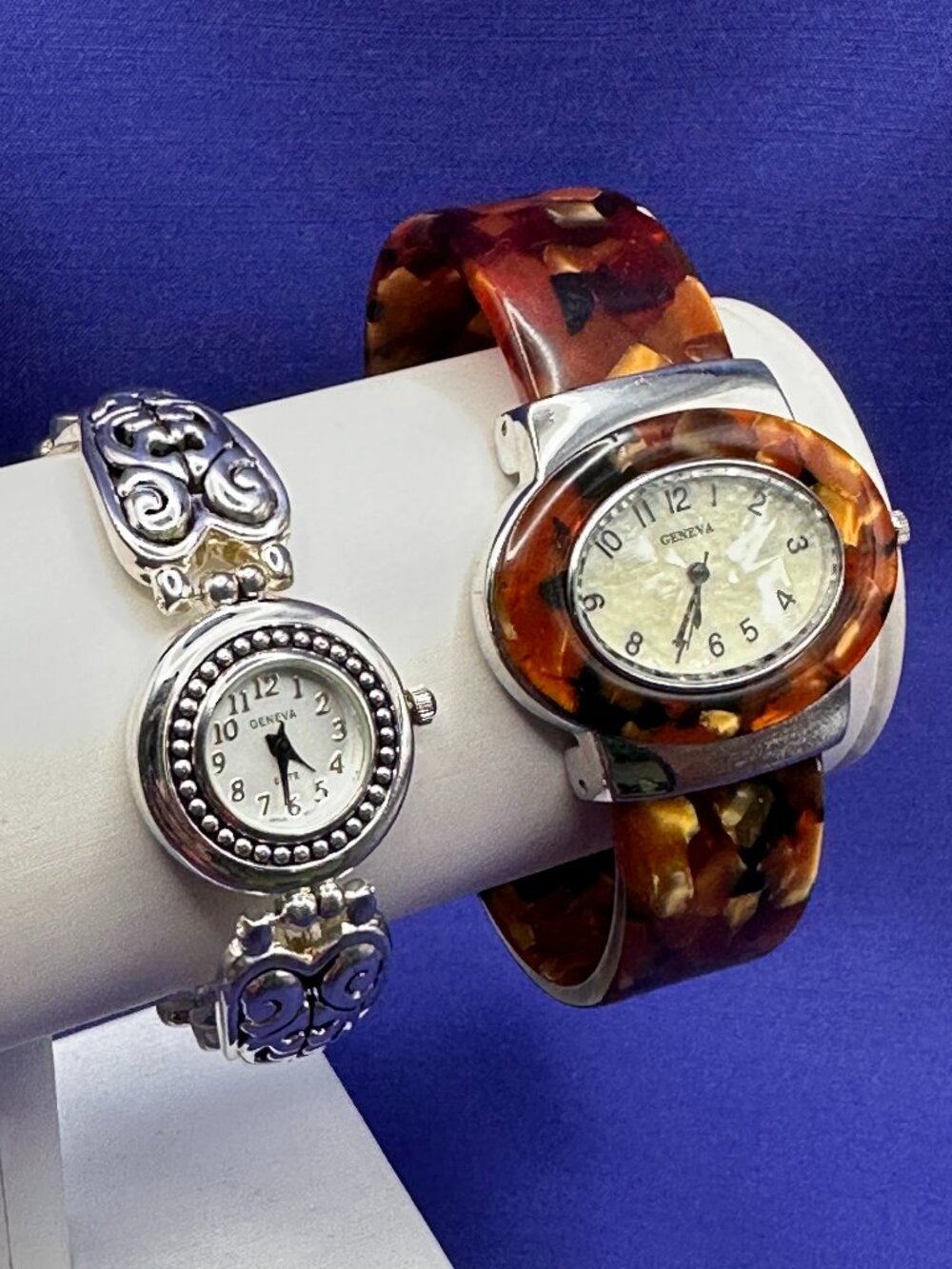 Geneva Watch Duo: Elite Heart Filigree & Faux Tortoise Shell Hinged Cuff Watch.